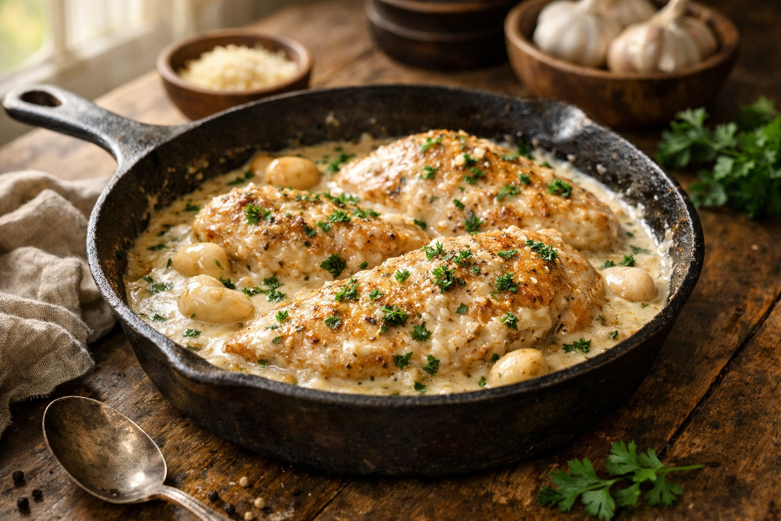 Creamy Garlic Chicken Skillet One Pan Dinner Pinterest image