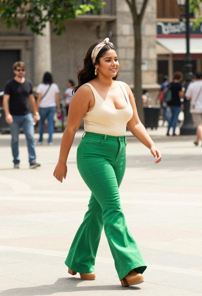 Curvy woman in emerald green flare jeans with scoop bodysuit and platform loafers bringing joyful retro energy