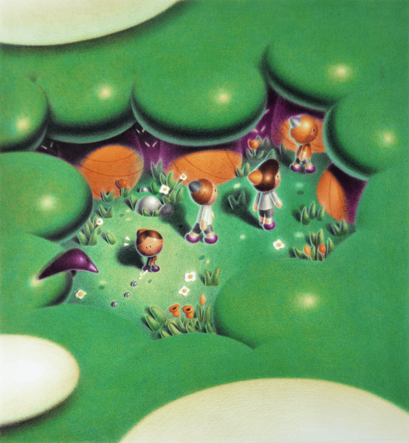 Colored-pencil illustration of Tom Thumb in the forest by Arthur Congnard