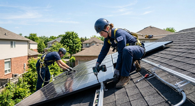 Tecnico specializzato durante l'installazione di pannelli fotovoltaici.