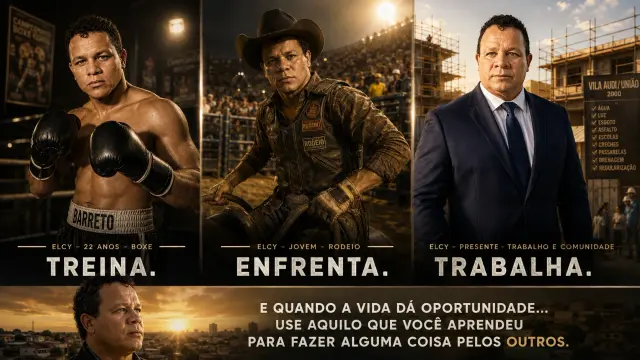 Elcy Barreto Fernandes em três versões: jovem boxeador, líder comunitário e empresário candidato a Deputado Estadual 45400