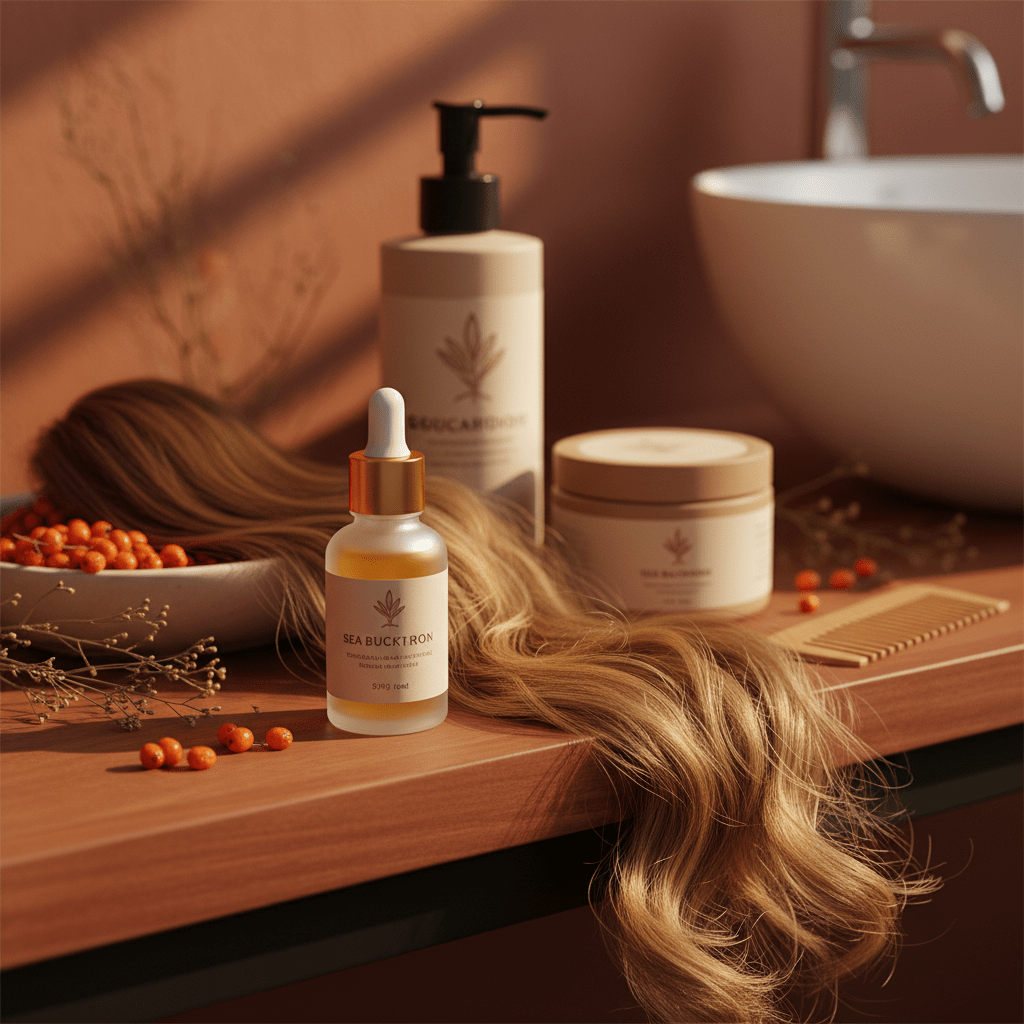 A warm beauty counter with sea buckthorn oil and natural hair care products