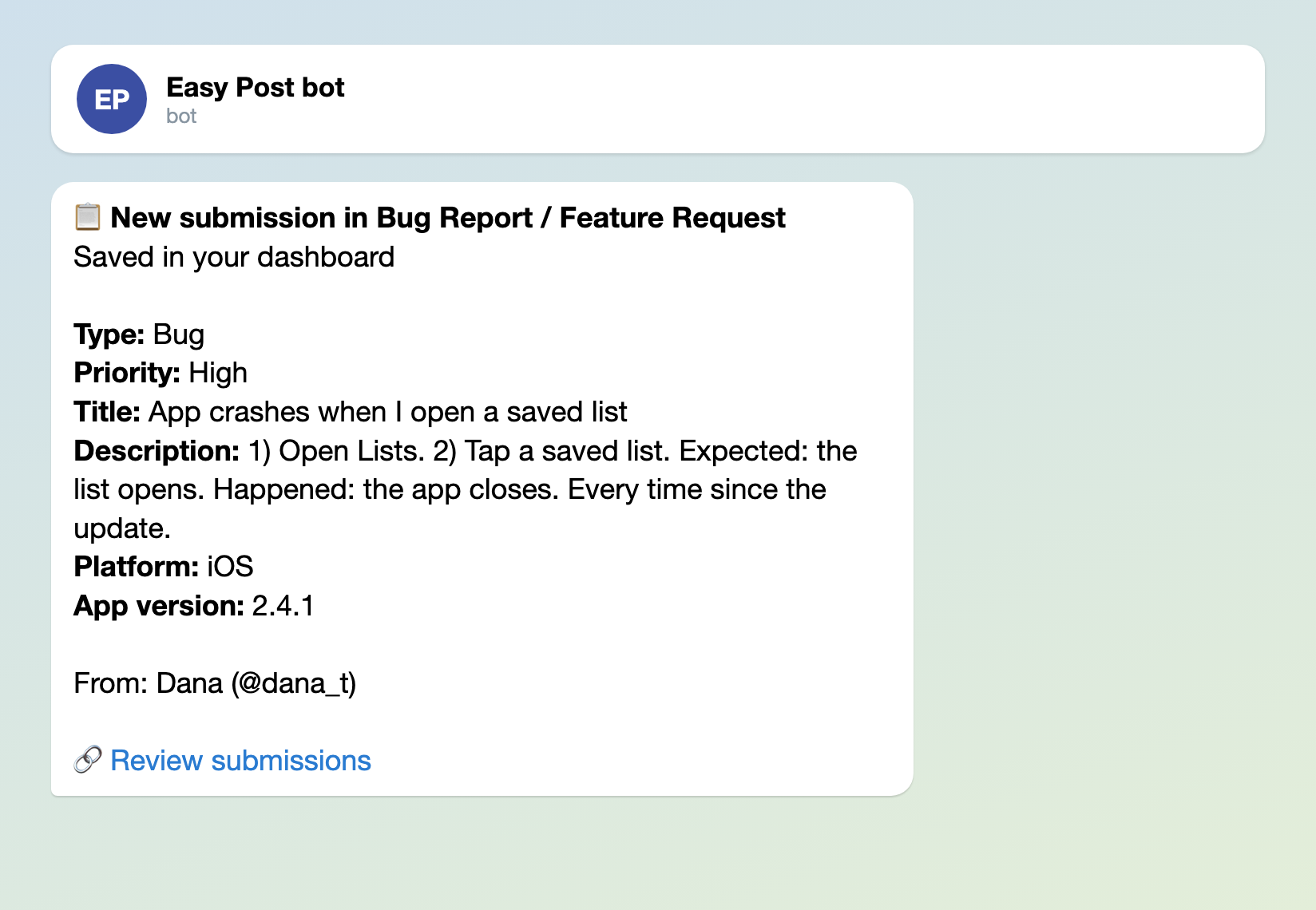 A private Telegram message to the developer: a new bug report with type, priority, title, description, platform and app version, a line saying it is saved in the dashboard, and a link to the reports, with no buttons
