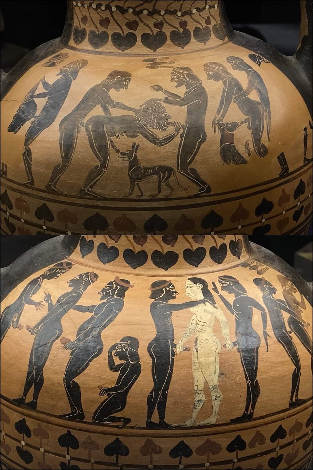 Image of a vase from the 6th century BC, depicting a large number of people having sex with each other (and some dogs)