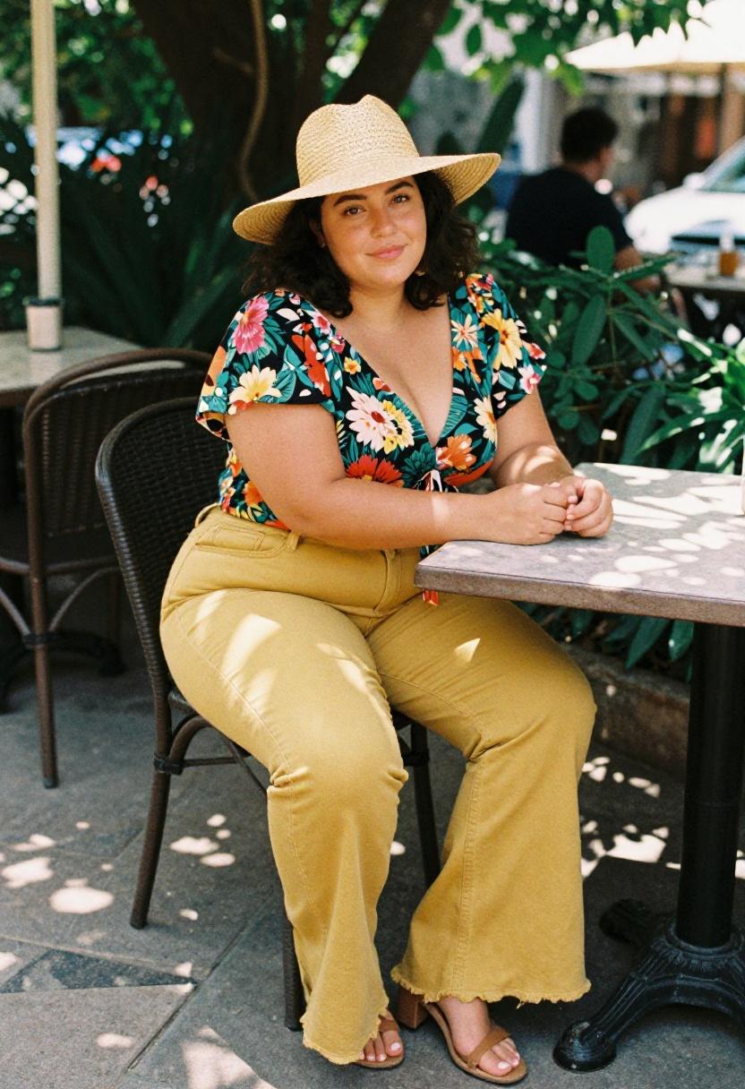 Curvy woman in mustard yellow flare jeans and vintage floral wrap blouse in dreamy retro brunch setting
