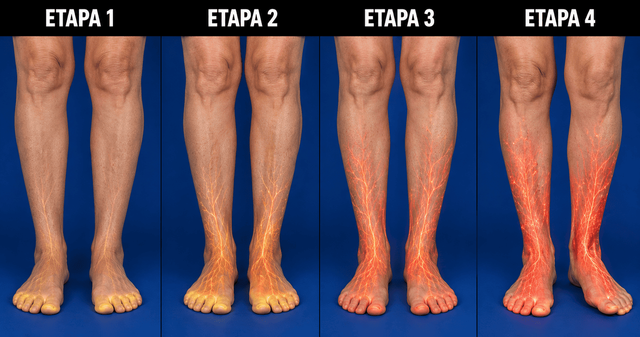 Representación por etapas de cambios en piernas y pies asociados a molestias nerviosas
