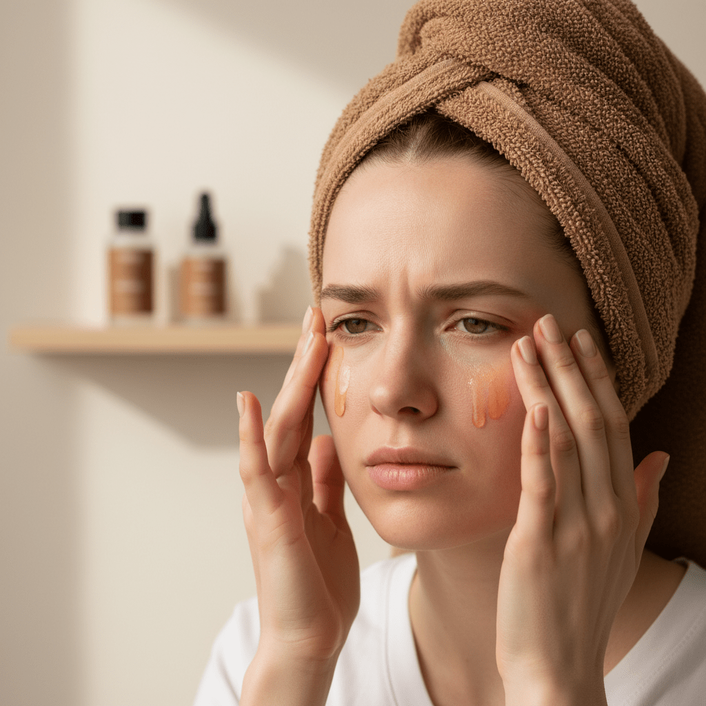Hands gently applying face oil to stressed skin in a calm skincare routine
