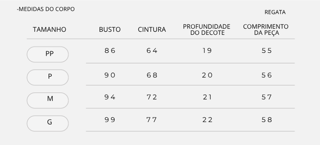Regata Alça Ajustável  Medidas