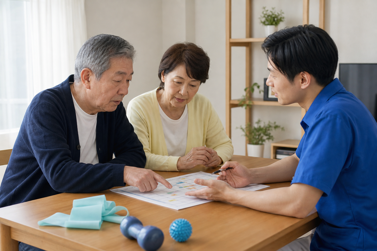 脳卒中後の本人と家族がリハビリ専門職と個別プログラムを相談する様子