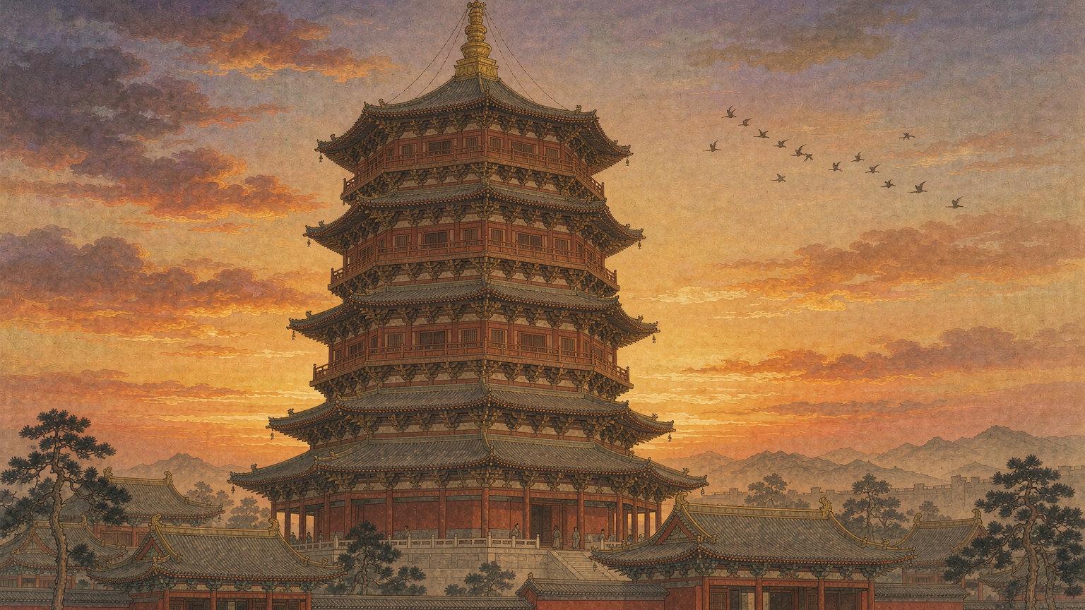 辽代应县木塔国风插画