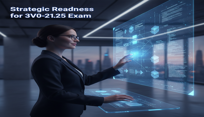 Strategic Readiness for 3V0-21.25 Exam A focused IT professional interacting with a holographic display visualizing complex VMware Cloud Foundation automation flows, embodying readiness for the 3V0-21.25 exam.