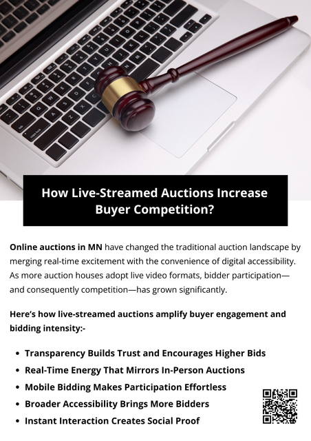Live-streamed online auctions in MN amplify buyer competition by allowing participants to bid in real time from anywhere. The immediate visibility of other bids creates urgency, encouraging quick decisions and higher engagement. This dynamic environment often drives prices upward, as bidders react instantly to competition, while the accessibility of live streams expands the pool of participants beyond traditional in-person limits. To know more visit here https://www.auctionmasters.com/