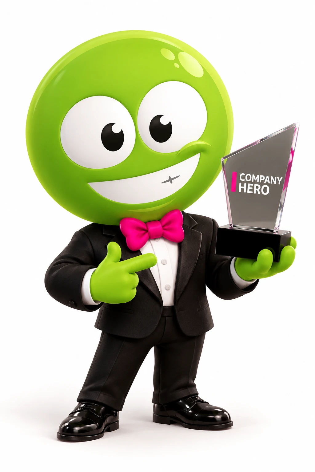 Mascote do Reclame AQUI de smoking segurando o troféu da Company Hero