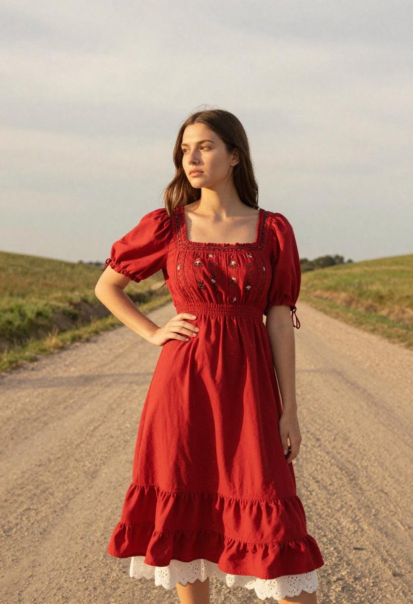 Cherry-red prairie midi dress with wildflower embroidery glowing in golden-hour countryside light