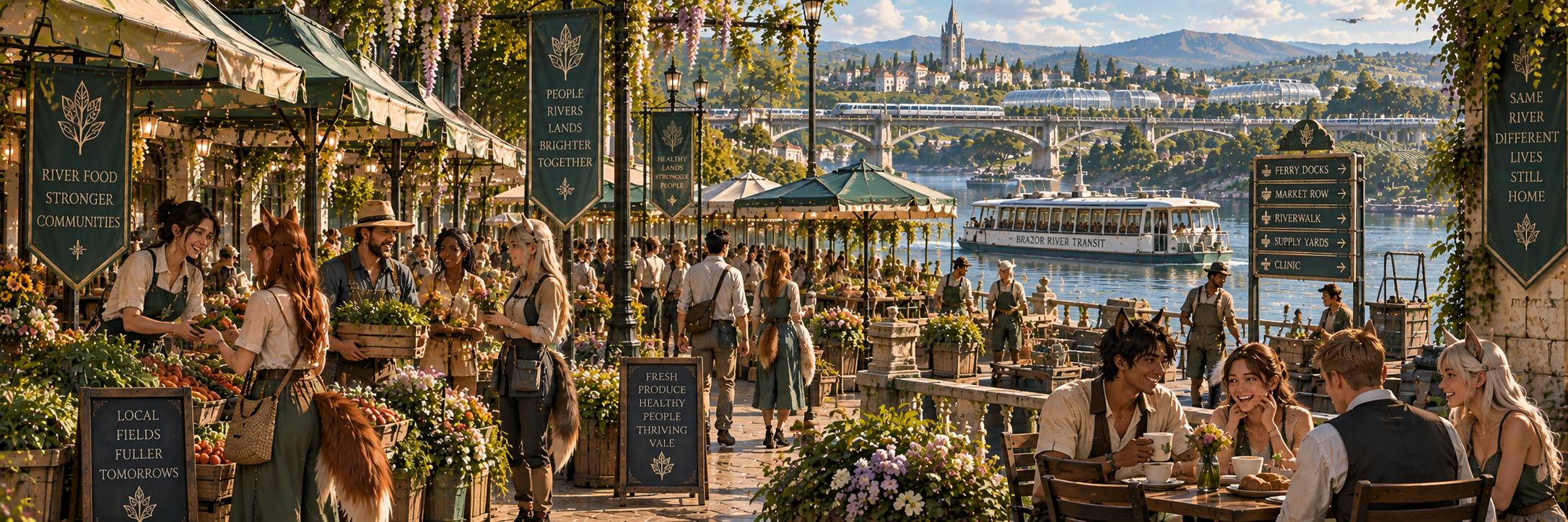 A lively Brazorian riverside market showing human daily life across the river country
