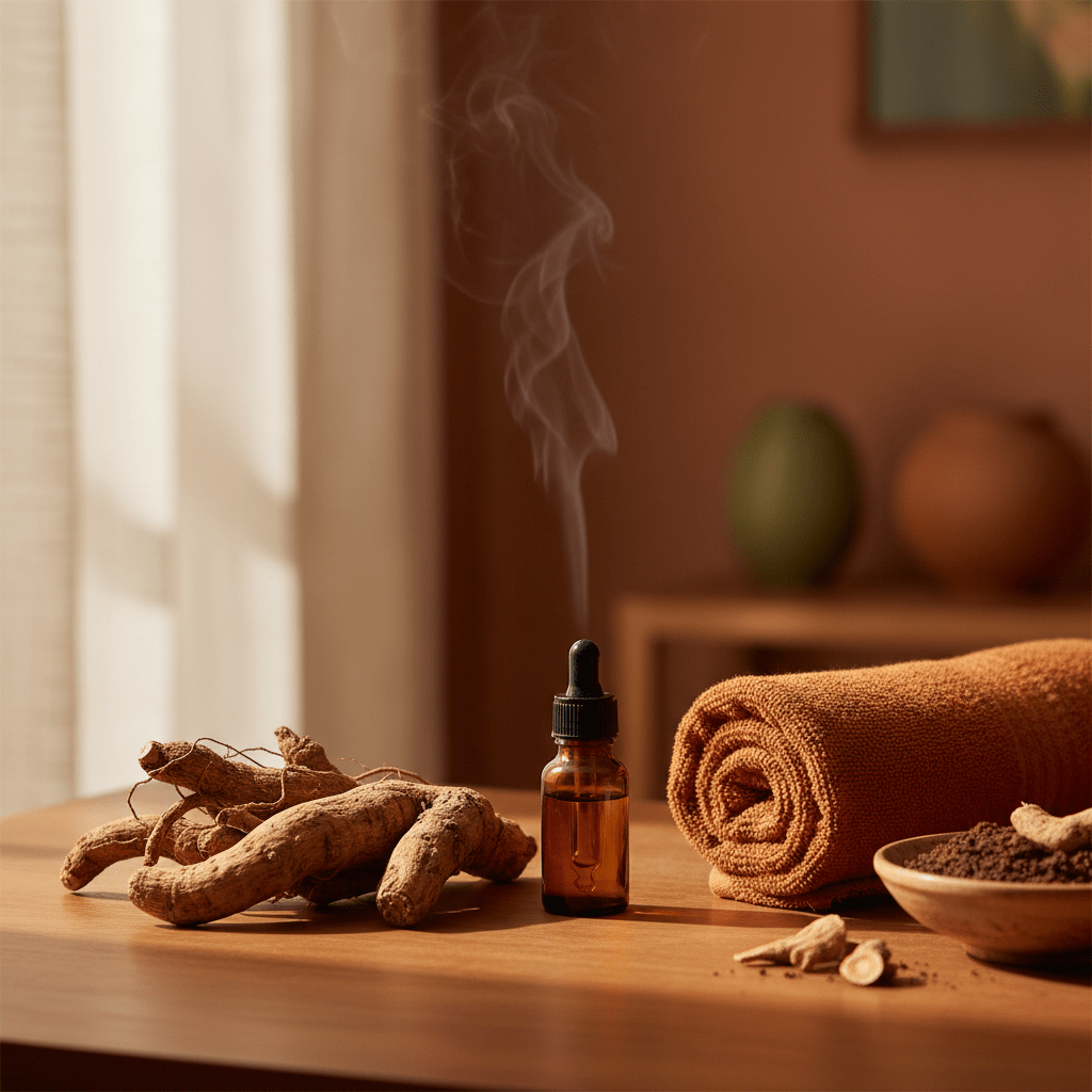 Calm wellness scene with ashwagandha roots and oil bottle