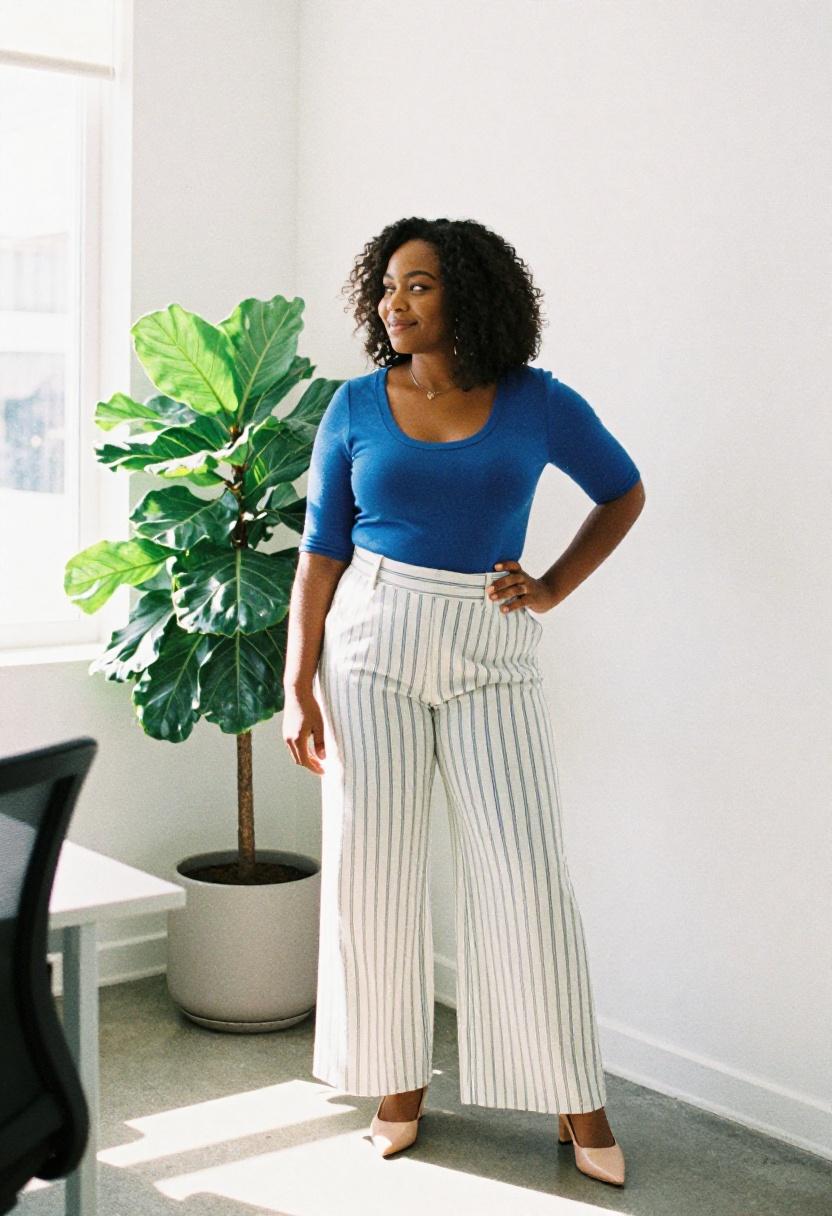 Bold pinstripe trousers with matching knit top for plus-size corporate style