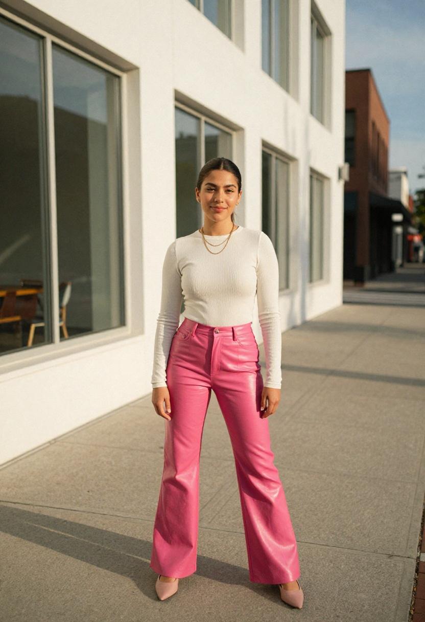 Fuchsia faux leather flare pants in golden hour light with ivory ribbed top and gold accessories