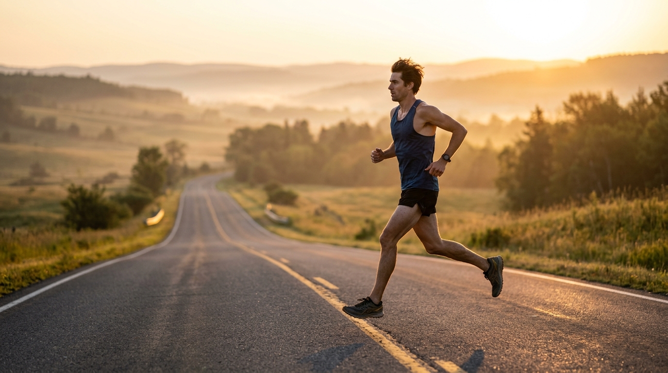 Endurance runner mid-stride on open road at dawn