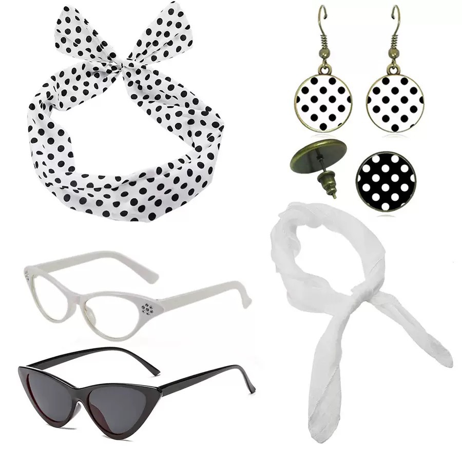 White 6 Piece Vintage Polka Dot Party Kit Accessories Set - 1950s Retro Costume with Cat Eye Sunglasses, Headband, Earrings, Studs and Neck Scarf for Cosplay and Themed Events