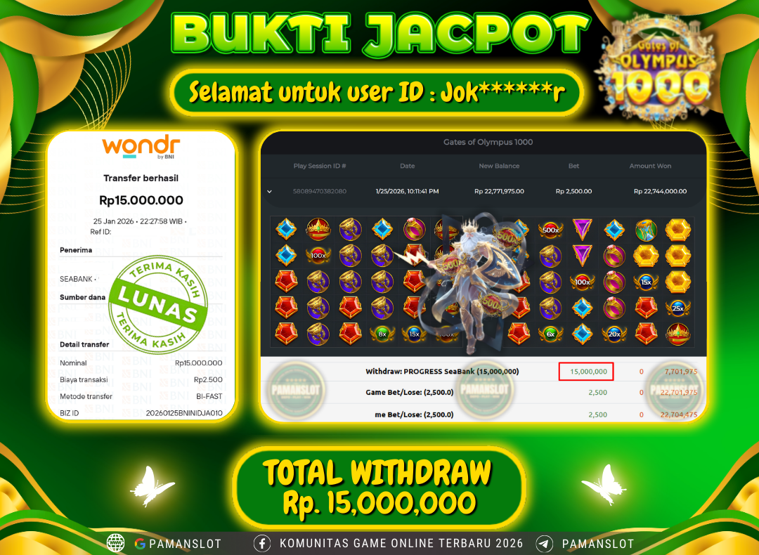 PAMANSLOT JACKPOT Game PP - Gates Olympus 1000 Rp.15,000,000- LUNAS