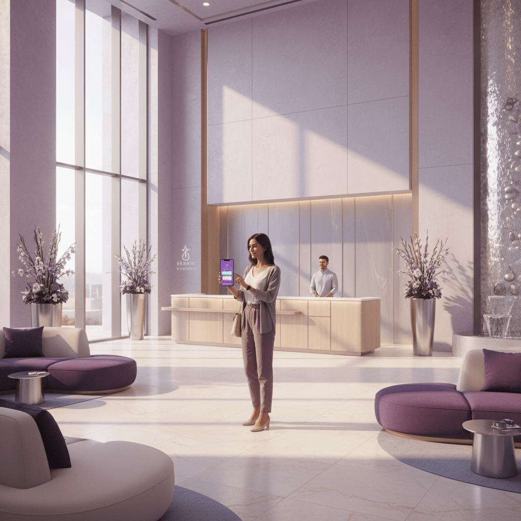 Modern resort lobby with mobile check-in and concierge service