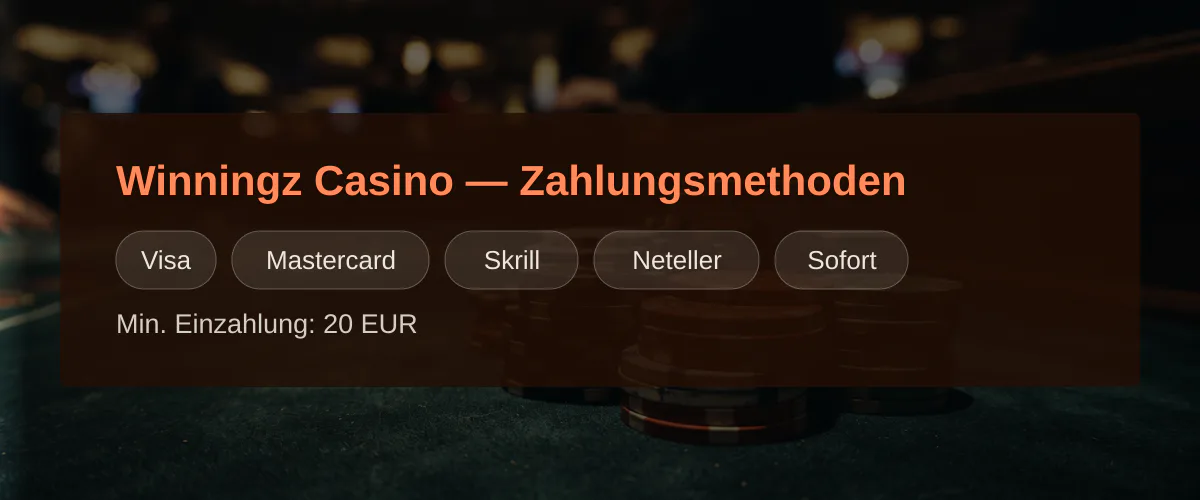 Winningz Casino — Zahlungsmethoden: Visa, Mastercard, Skrill, Neteller, Sofort