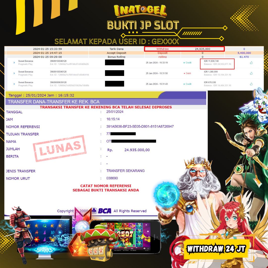 BUKTI PEMBAYARAN JP SLOT SWEET BONANZA Rp24,000,000,- LUNAS