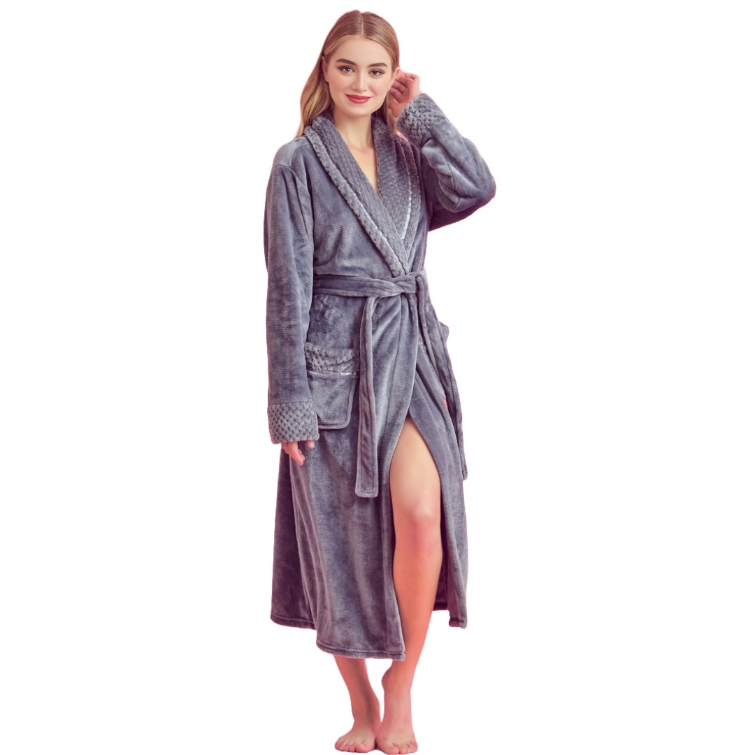Women Plush Shawl Collar Robe, Fleece Bathrobe, Gray (S/M) view 5