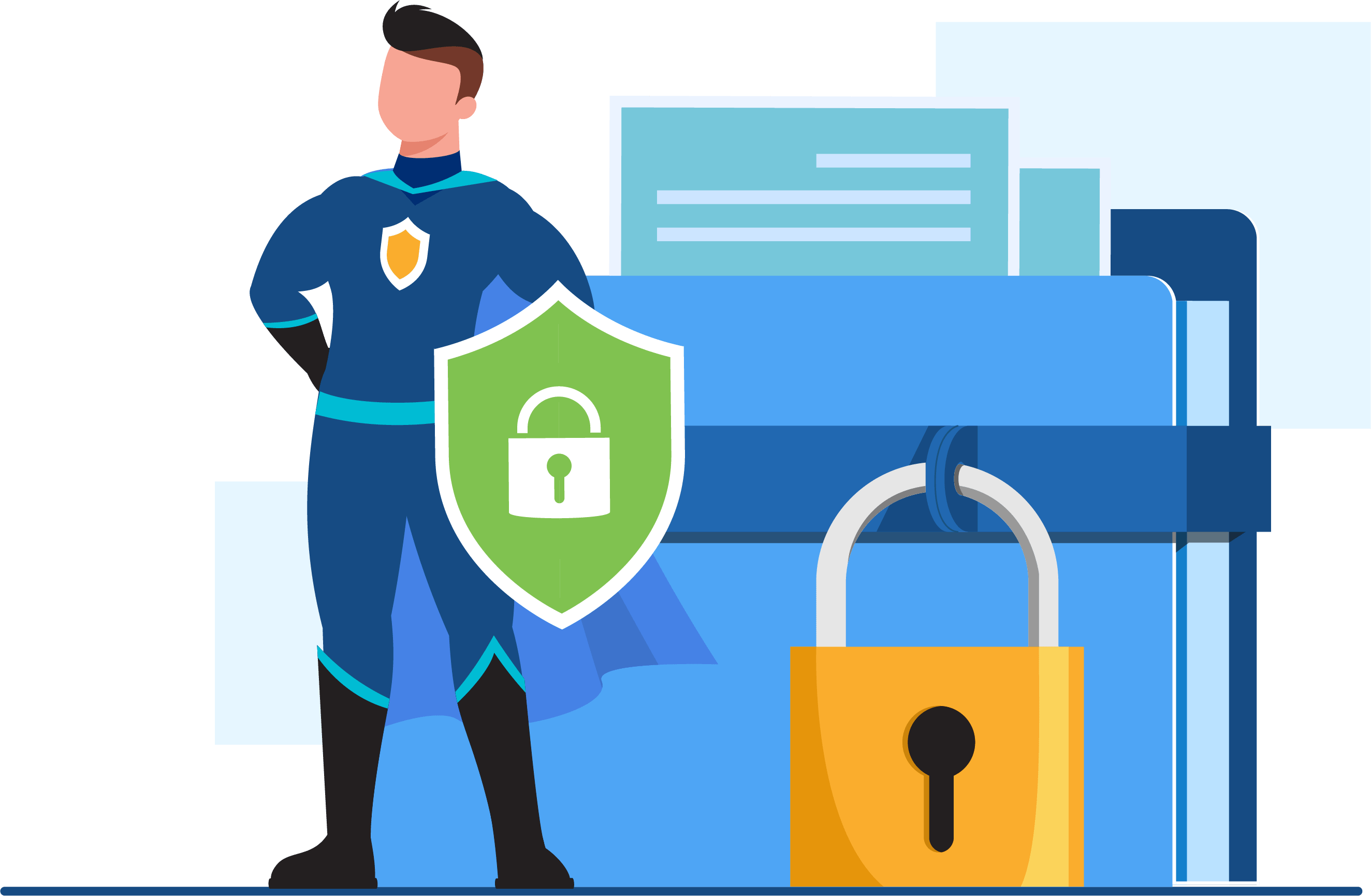 Data security illustration with protected devices and a digital lock for Android privacy
