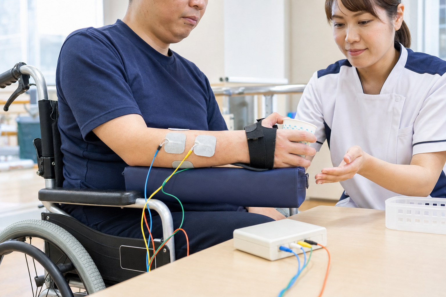 専門職の見守りのもとで電気刺激とカップ操作の課題練習を組み合わせる場面