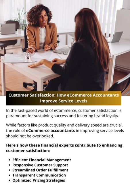eCommerce accountants play a crucial role in enhancing customer satisfaction by ensuring efficient financial management, optimizing pricing strategies, facilitating transparent communication, streamlining order fulfillment, and providing responsive customer support. By leveraging their financial expertise and insights, eCommerce businesses can cultivate positive customer experiences, leading to increased loyalty, repeat purchases, and sustainable growth in the competitive online marketplace. To know more visit here https://www.esenshi.com/