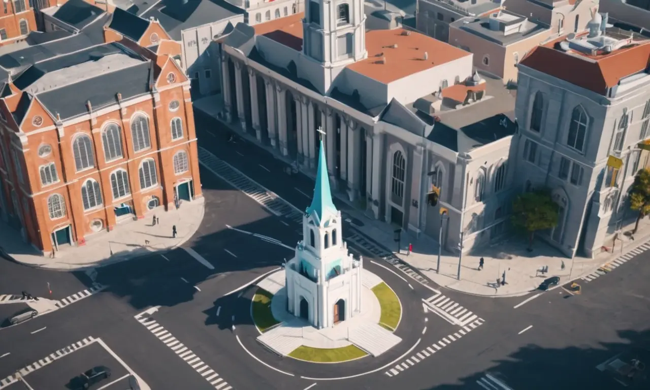 Una persona de pie en la intersección de una iglesia y un paisaje urbano moderno, simbolizando el complejo equilibrio entre la fe y la libertad personal.