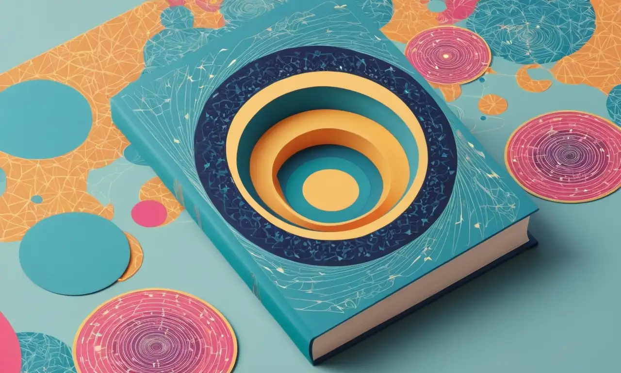 Una cubierta de libro con formas abstractas y texto superpuesto para transmitir conceptos literarios complejos.