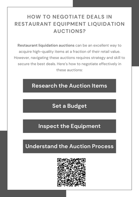 Negotiating deals in restaurant liquidation auctions requires preparation and strategy. Research the equipment's market value, set a budget, and be ready to walk away if prices exceed your limits. Focus on less competitive bidding times, inspect items thoroughly, and consider bundling multiple items for discounts. Stay calm, patient, and flexible to secure the best possible deal. To know more visit here https://www.auctionmasters.com/industries/food-service-hospitality
