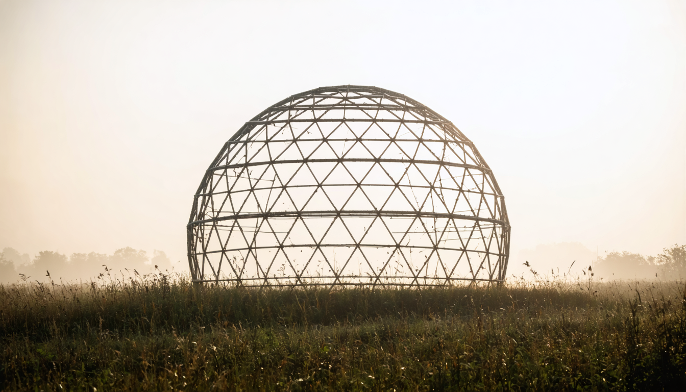 A geodesic dome frame standing calm in wind-bent grass at dawn, its triangular lattice distributing the load so completely that no single strut appears to strain.