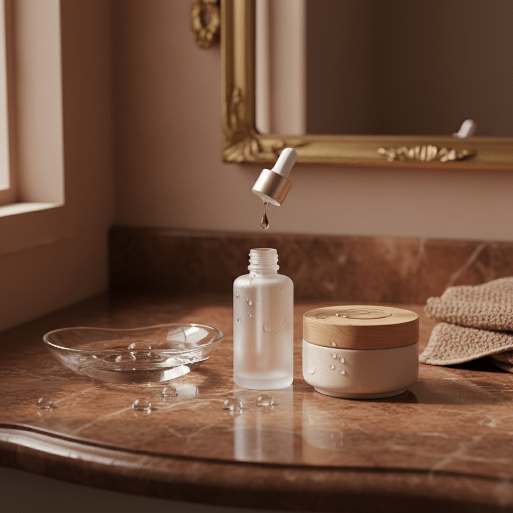 A clean skincare vanity with glycerin serum and moisturizer
