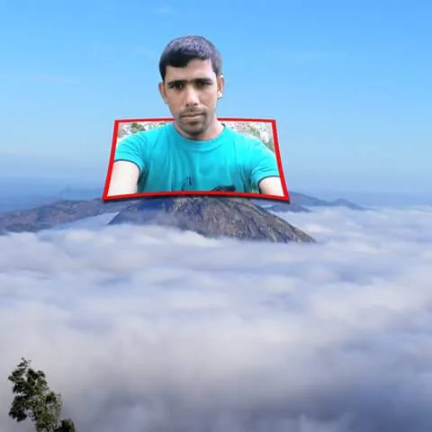 Digital photo composite of a man in a teal shirt framed above a scenic mountain peak surrounded by clouds Jahangir