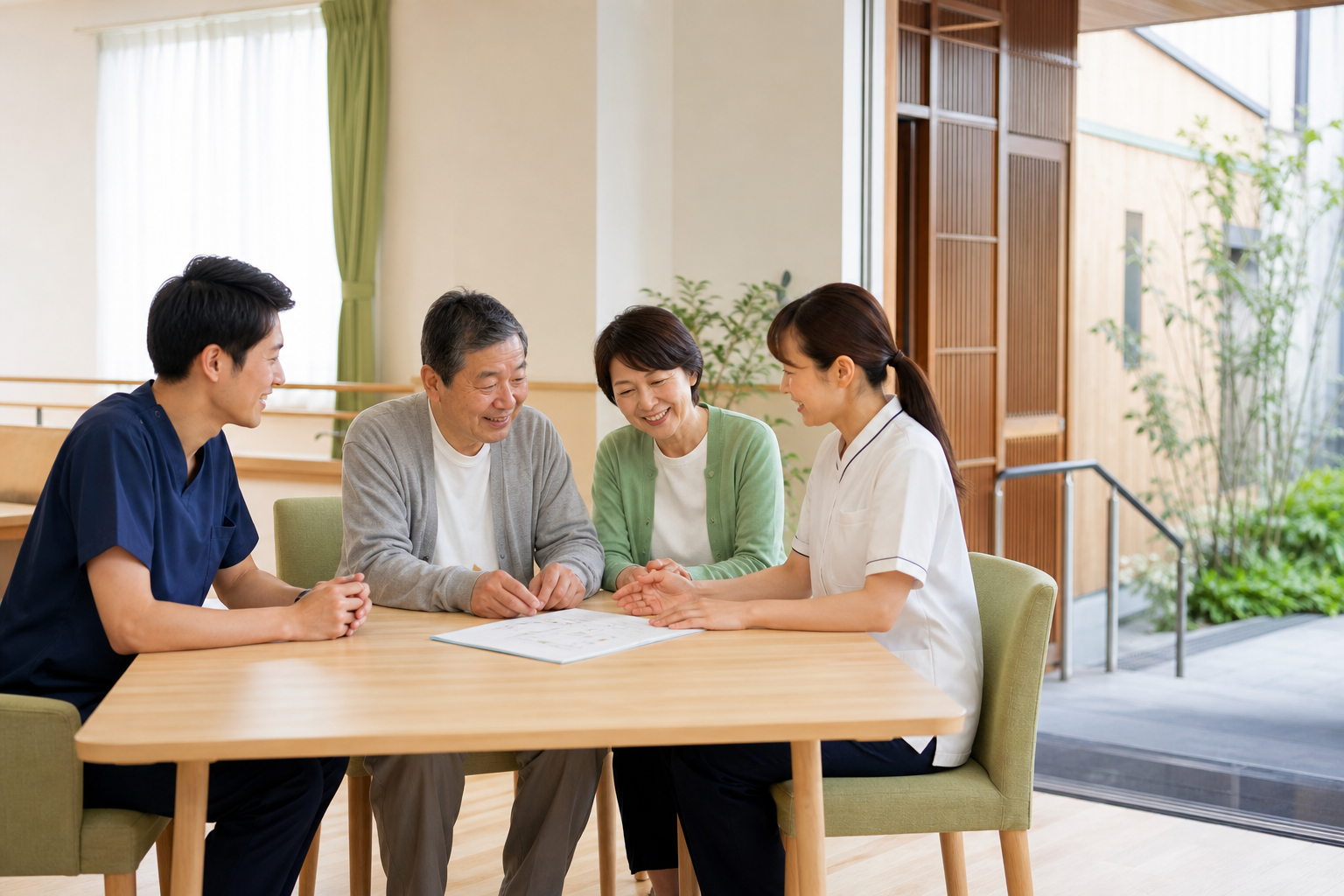 脳卒中後の退院に向けて本人・家族・専門職が支援計画を確認する場面