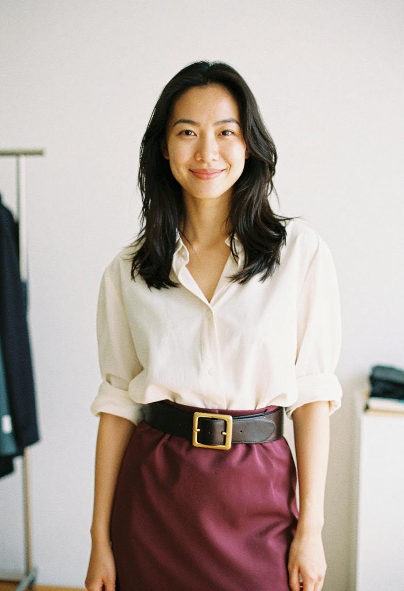 Deep plum silk midi dress with wide gold-buckle belt highlighting waist definition for evening