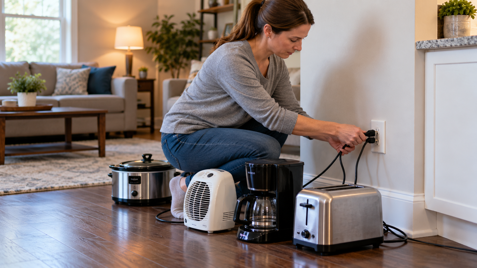 Homeowner unplugging appliances while checking for a possible circuit overload