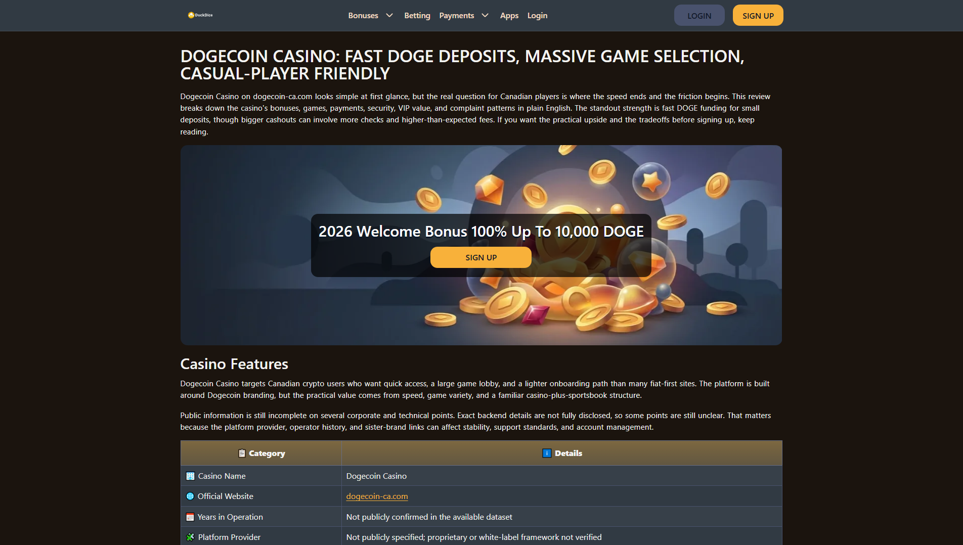 Forensic screenshot of dogecoin-ca.com showing the phishing page layout