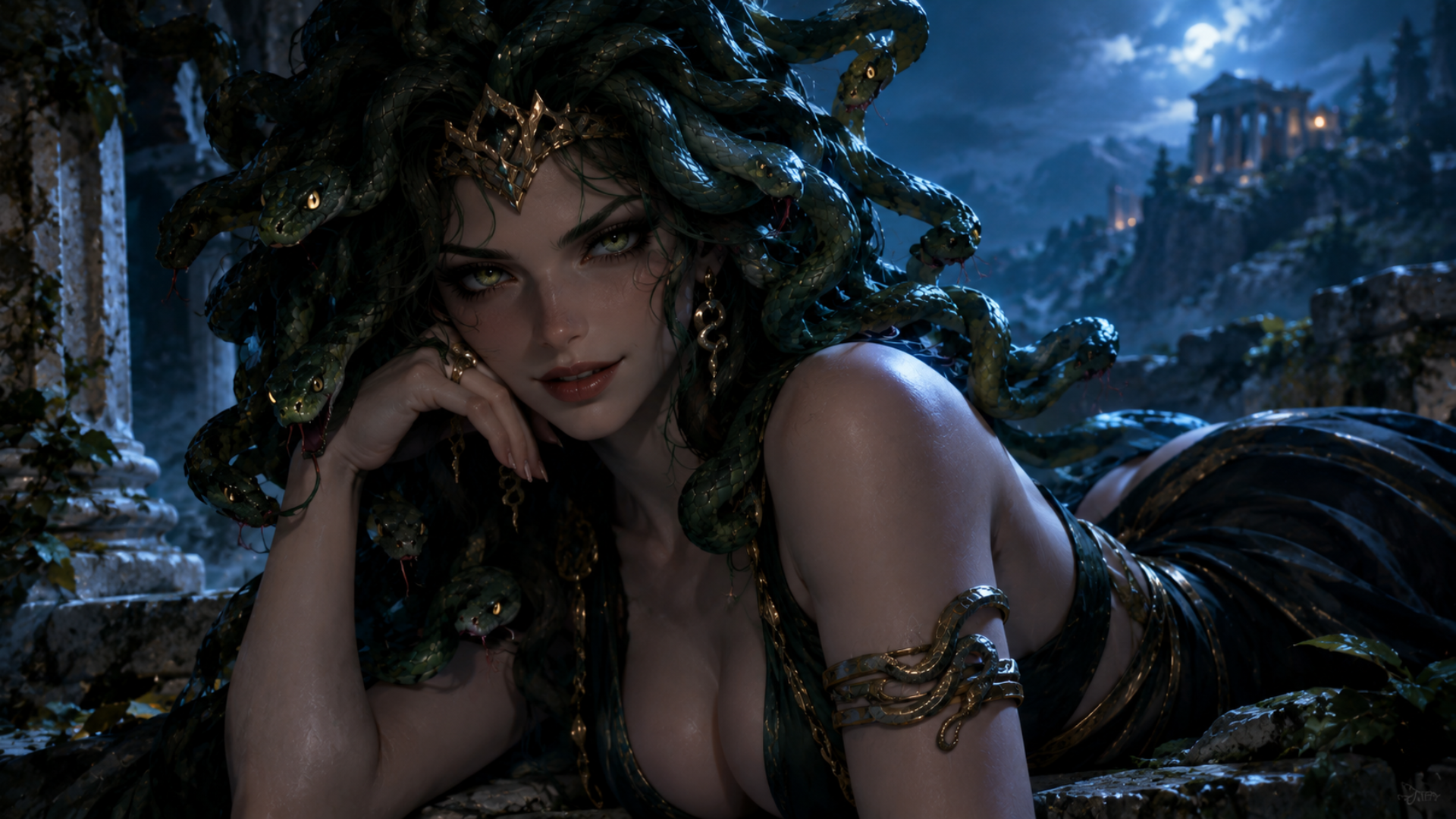 Moonlit Medusa Among Ancient Ruins, a Greek mythology desktop wallpaper