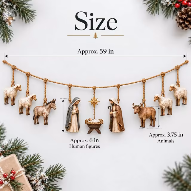 Size guide showing the full Nativity garland and approximate figure measurements