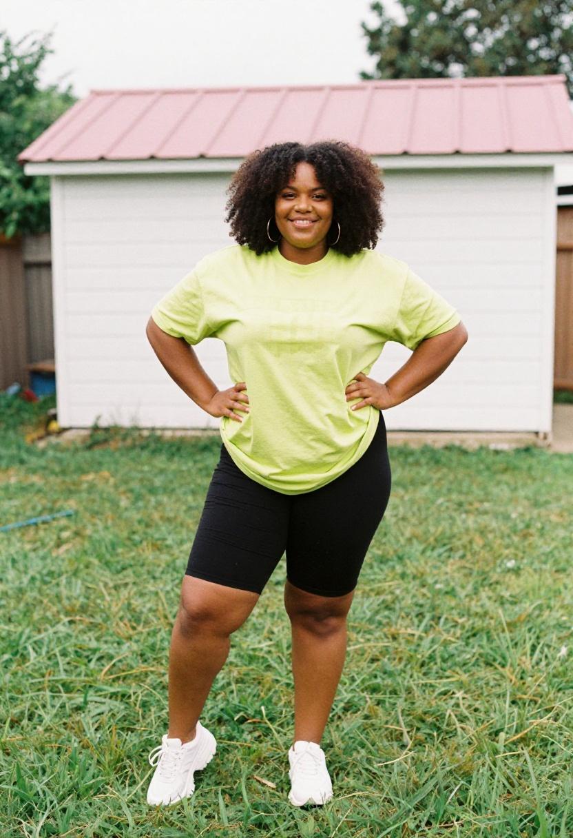 Lime green graphic tee with black biker shorts for playful backyard casual plus size outfit