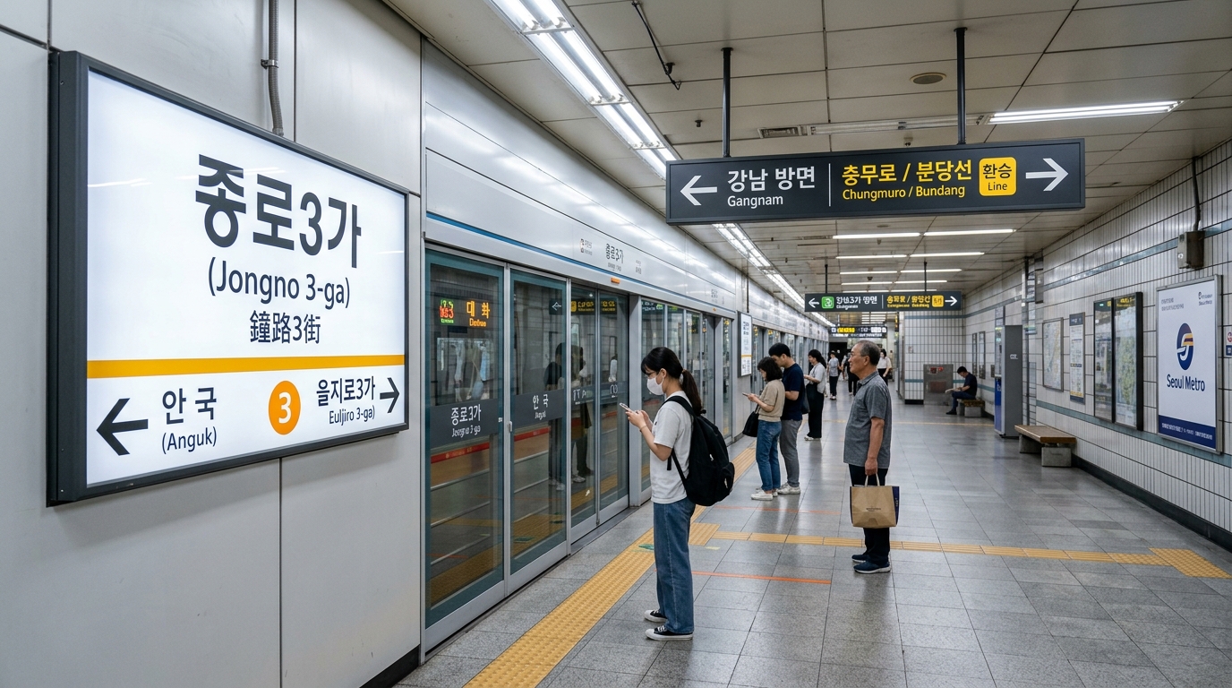 Seoul Metro subway platform with bilingual Korean and English station signs Jongno 3-ga