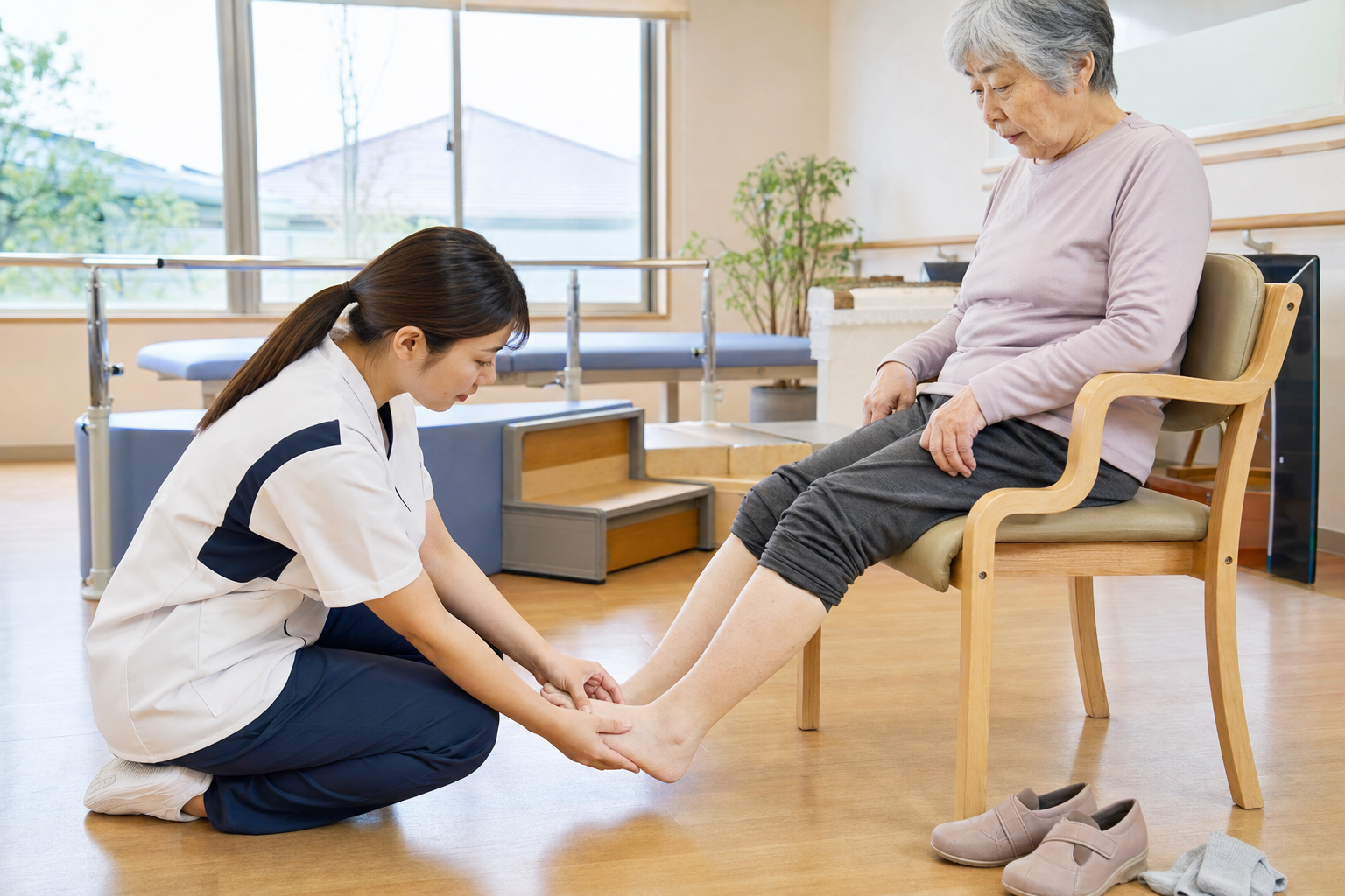 運動前に足の皮膚や靴ずれの有無を確認する様子