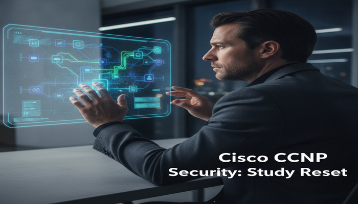 Cisco CCNP Security: Study Reset A professional actively resetting a tangled digital network security diagram into a clear, illuminated path on a holographic display, symbolizing a strategic study reset for Cisco CCNP Security 350-701 exam.