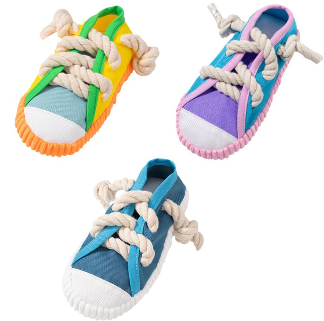 3-Pack Bite Resistant Slipper Interactive Dog Toy Built in BB Squeaky & Bell - Durable Oxford Cloth and Cotton Rope Chew Toy for Teeth Cleaning & Boredom Relief, 3-Colors Yellow + Blue + Pink Purple