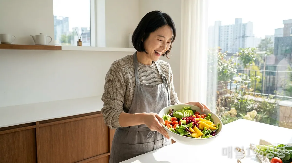 30대 한국인이 현대적이고 깔끔한 주방에서 신선한 채소와 과일로 건강한 샐러드를 준비하는 모습, 밝은 자연광 배경
